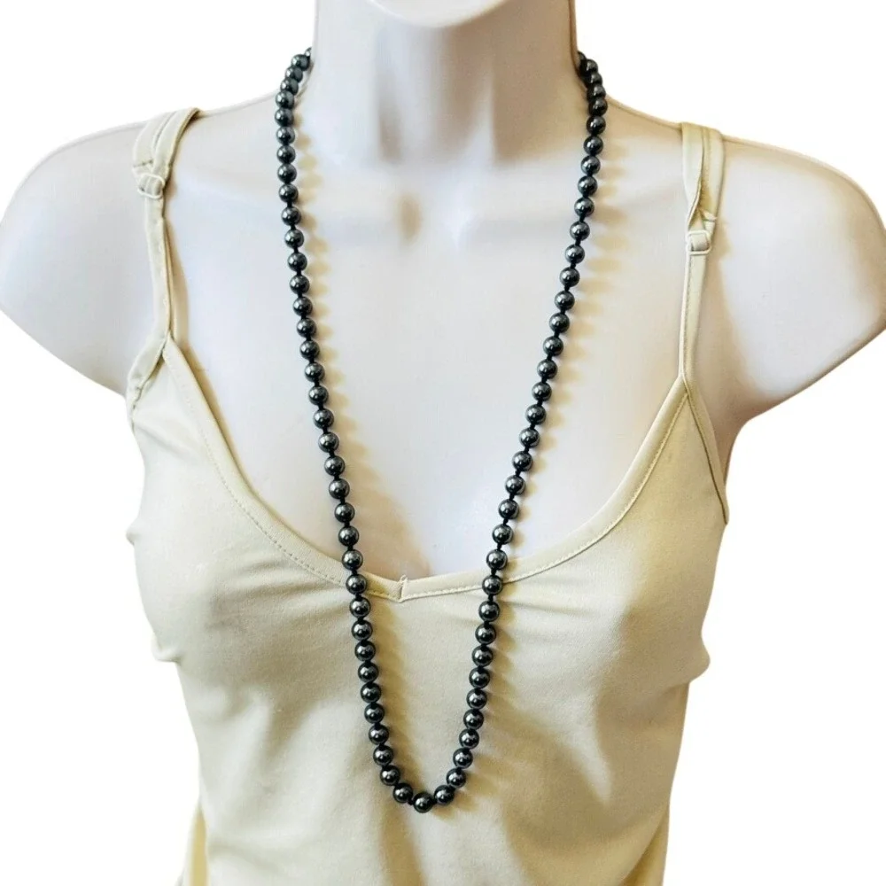VTG Hematite Power Stone Necklace Metallic Knotted‎ Smooth Round beads 32